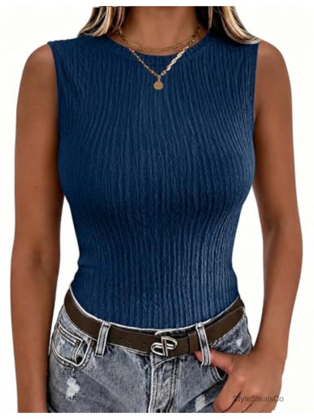 High Neck Ribbed Knit Slim Fit Sleeveless Tank Top Casual Basic Layering Top